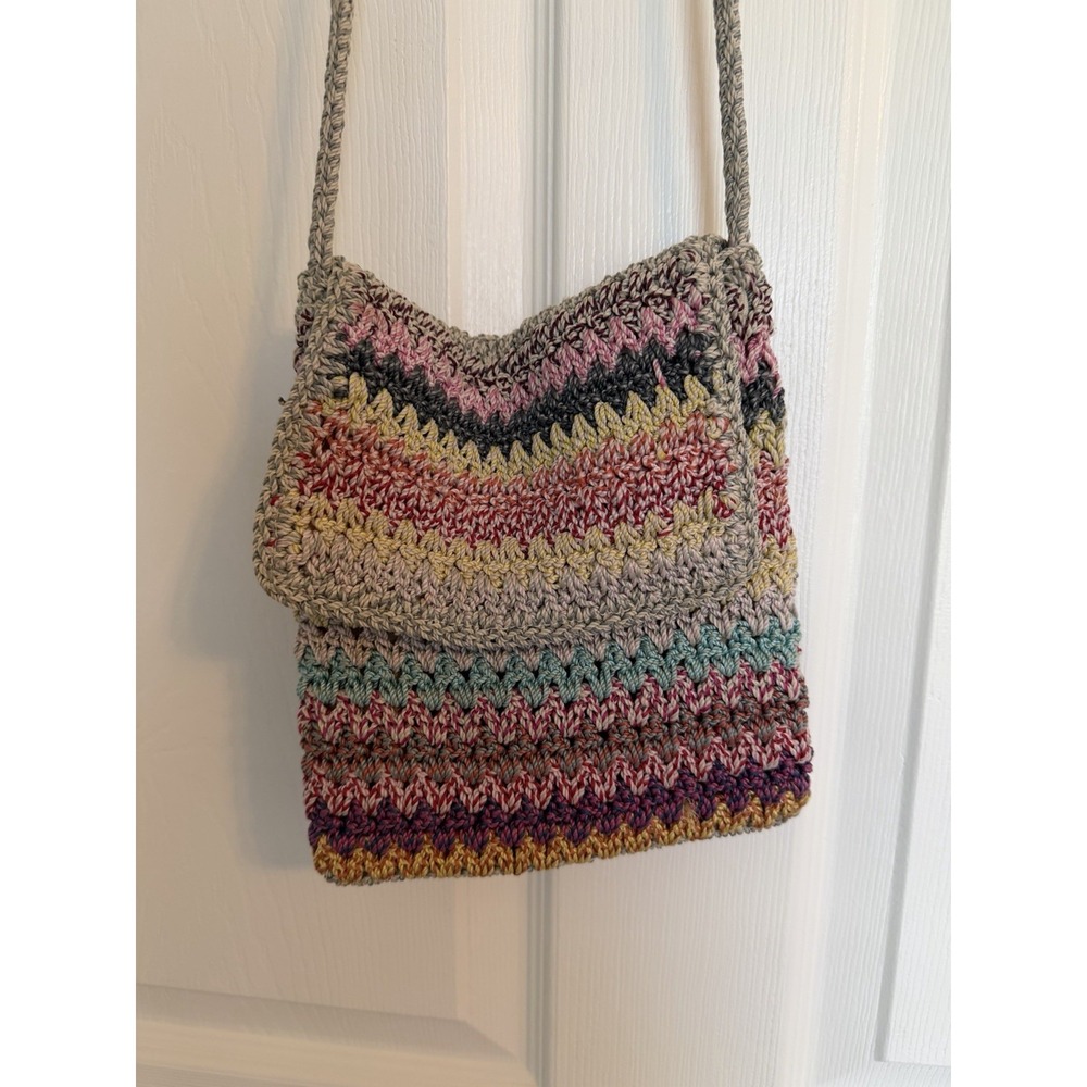 The Sak Rainbow Stripe Crochet Crossbody Boho Bag Vtg Fall Harvest Earth‎ Tones